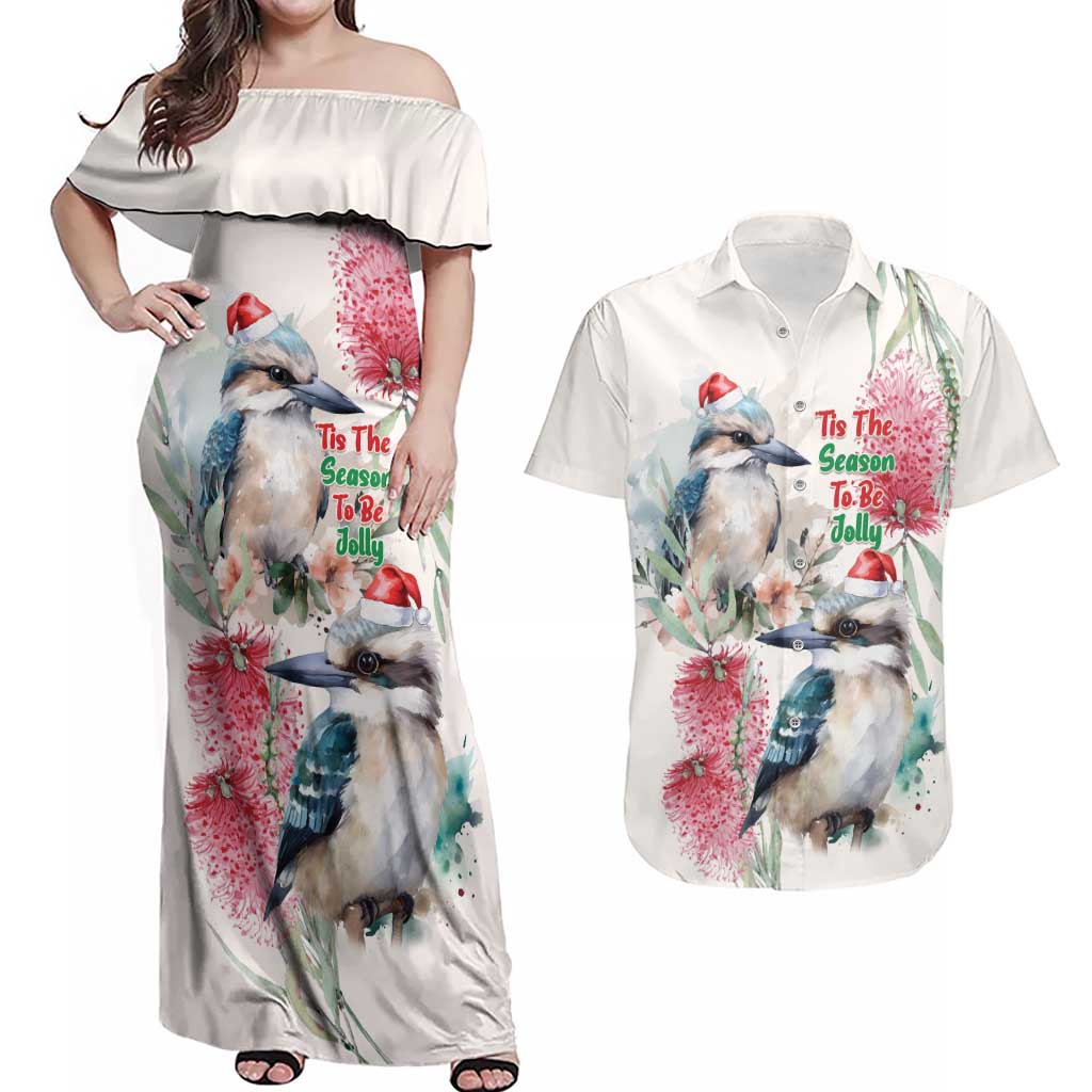 Australia Christmas Couples Matching Off Shoulder Maxi Dress and Hawaiian Shirt Jolly Kookaburra Bottlebrush Watercolor - Aussie Hoodie