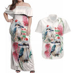 Australia Christmas Couples Matching Off Shoulder Maxi Dress and Hawaiian Shirt Jolly Kookaburra Bottlebrush Watercolor - Aussie Hoodie
