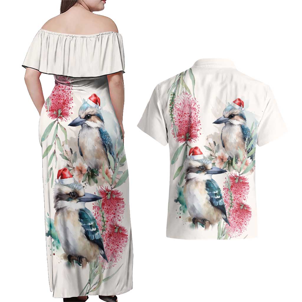 Australia Christmas Couples Matching Off Shoulder Maxi Dress and Hawaiian Shirt Jolly Kookaburra Bottlebrush Watercolor - Aussie Hoodie