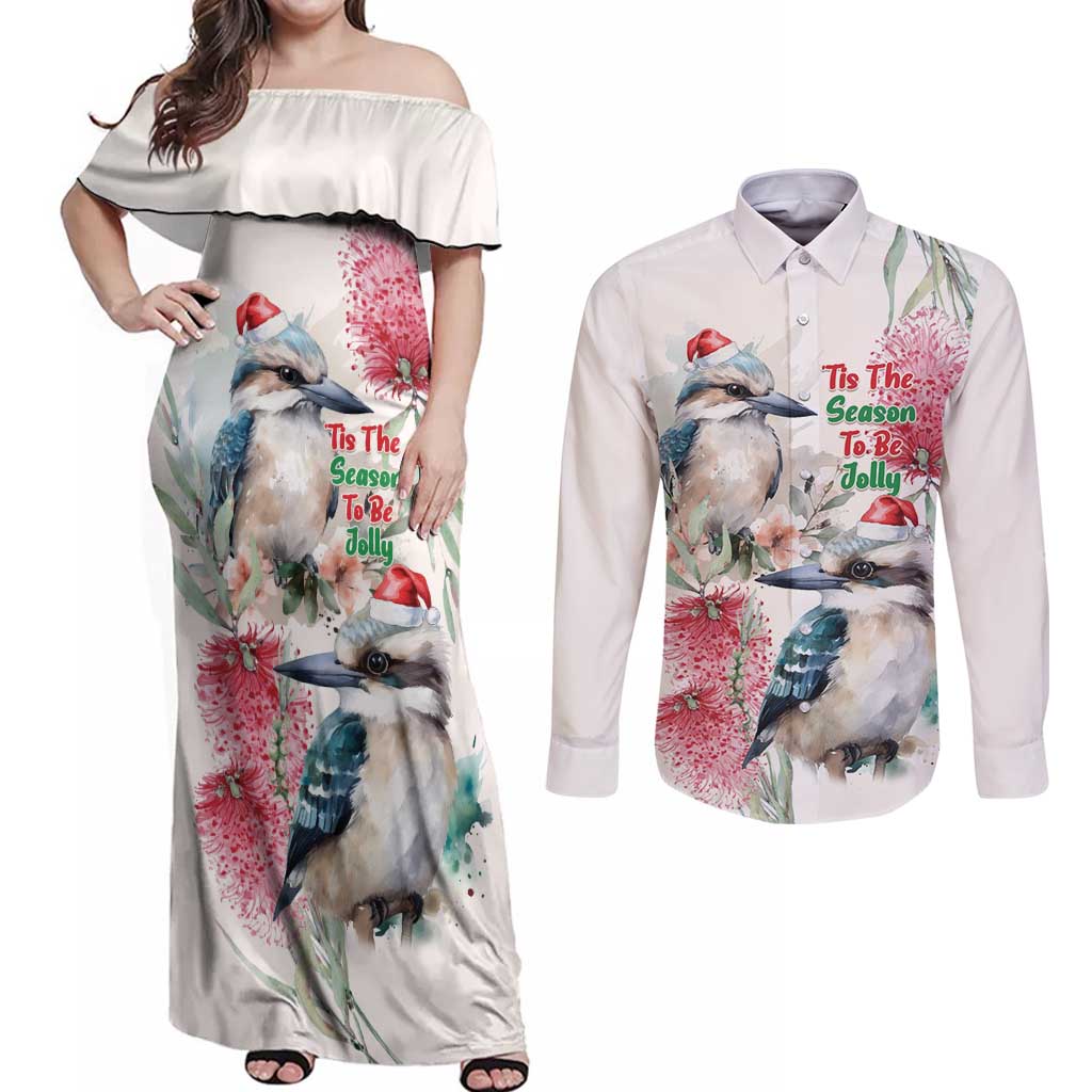 Australia Christmas Couples Matching Off Shoulder Maxi Dress and Long Sleeve Button Shirt Jolly Kookaburra Bottlebrush Watercolor - Aussie Hoodie