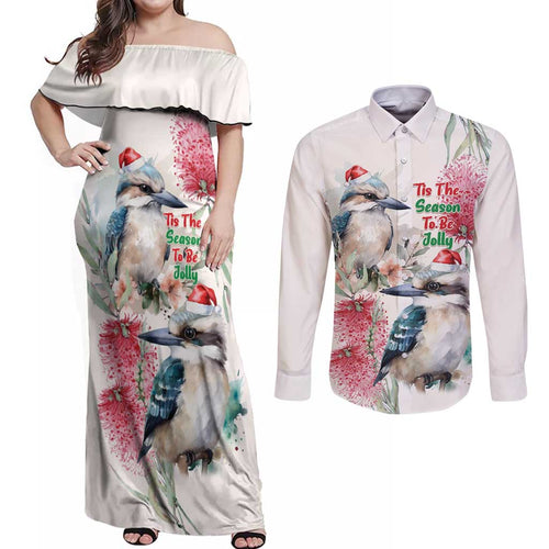 Australia Christmas Couples Matching Off Shoulder Maxi Dress and Long Sleeve Button Shirt Jolly Kookaburra Bottlebrush Watercolor - Aussie Hoodie