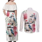 Australia Christmas Couples Matching Off Shoulder Maxi Dress and Long Sleeve Button Shirt Jolly Kookaburra Bottlebrush Watercolor - Aussie Hoodie