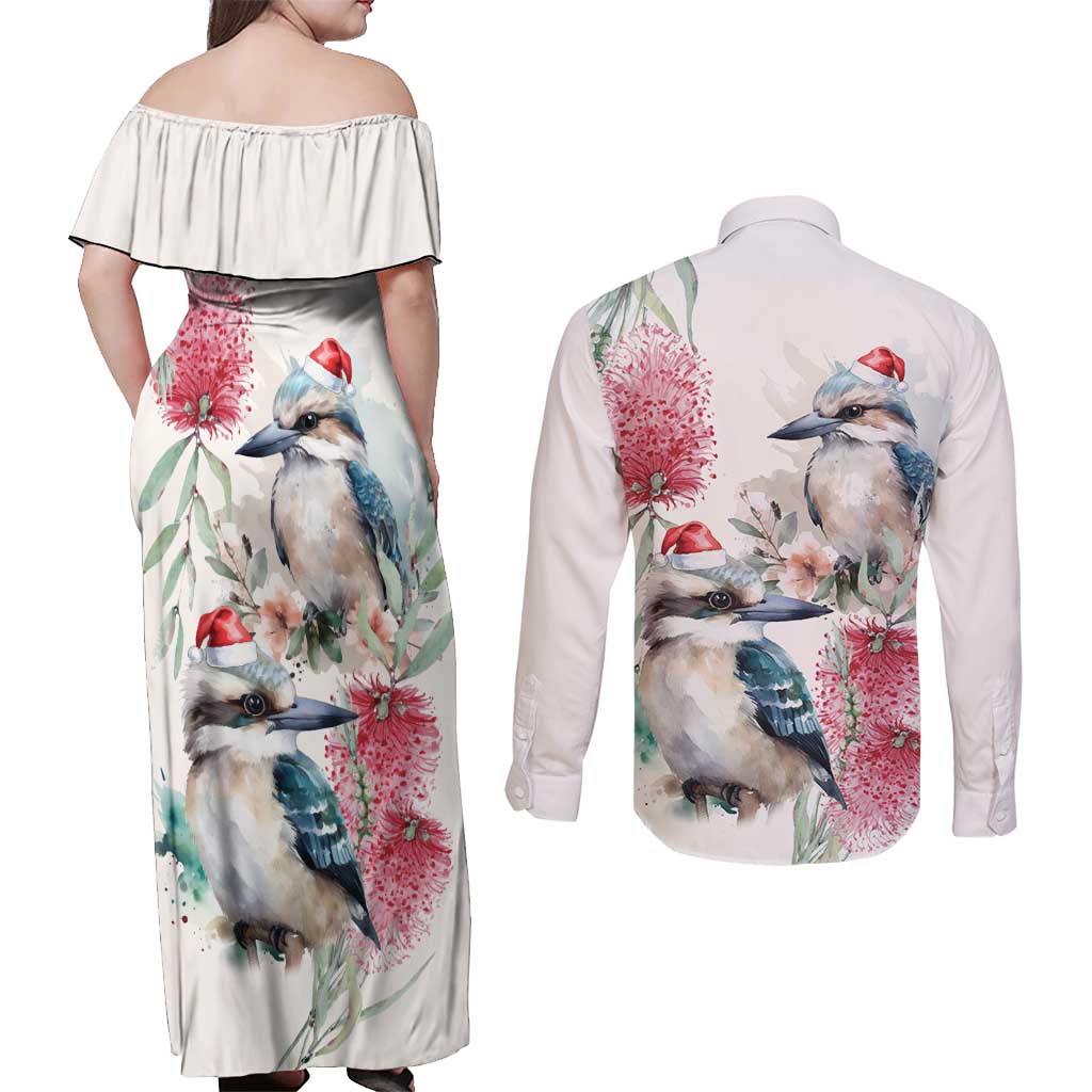 Australia Christmas Couples Matching Off Shoulder Maxi Dress and Long Sleeve Button Shirt Jolly Kookaburra Bottlebrush Watercolor - Aussie Hoodie