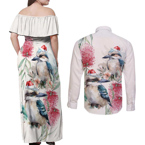 Australia Christmas Couples Matching Off Shoulder Maxi Dress and Long Sleeve Button Shirt Jolly Kookaburra Bottlebrush Watercolor - Aussie Hoodie