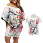Australia Christmas Couples Matching Off Shoulder Short Dress and Hawaiian Shirt Jolly Kookaburra Bottlebrush Watercolor - Aussie Hoodie