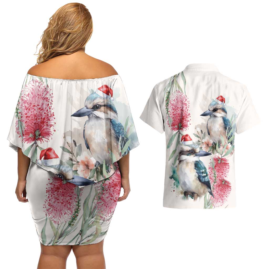 Australia Christmas Couples Matching Off Shoulder Short Dress and Hawaiian Shirt Jolly Kookaburra Bottlebrush Watercolor - Aussie Hoodie