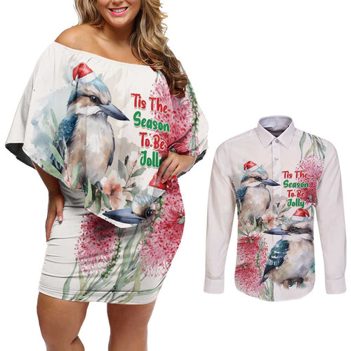 Australia Christmas Couples Matching Off Shoulder Short Dress and Long Sleeve Button Shirt Jolly Kookaburra Bottlebrush Watercolor - Aussie Hoodie