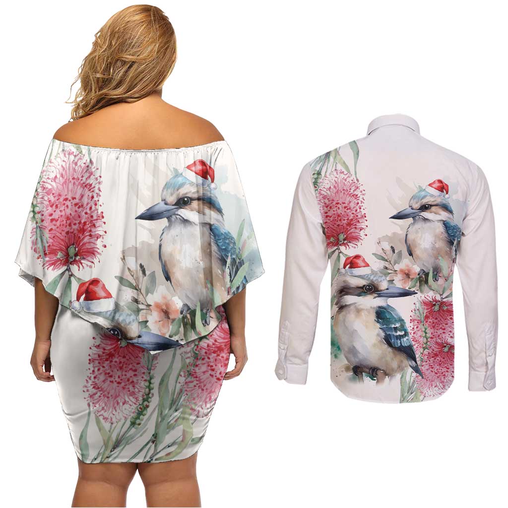 Australia Christmas Couples Matching Off Shoulder Short Dress and Long Sleeve Button Shirt Jolly Kookaburra Bottlebrush Watercolor - Aussie Hoodie