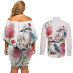 Australia Christmas Couples Matching Off Shoulder Short Dress and Long Sleeve Button Shirt Jolly Kookaburra Bottlebrush Watercolor - Aussie Hoodie