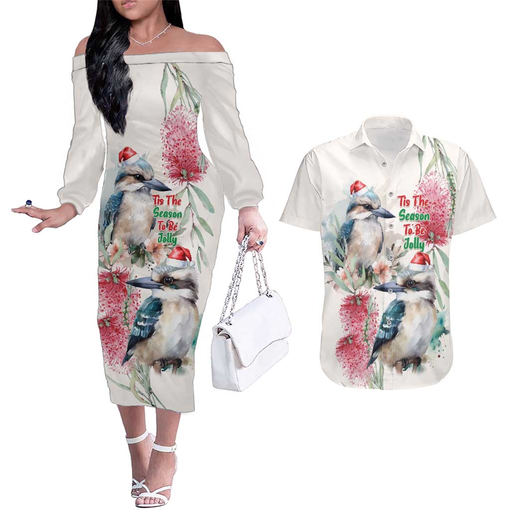 Australia Christmas Couples Matching Off The Shoulder Long Sleeve Dress and Hawaiian Shirt Jolly Kookaburra Bottlebrush Watercolor - Aussie Hoodie