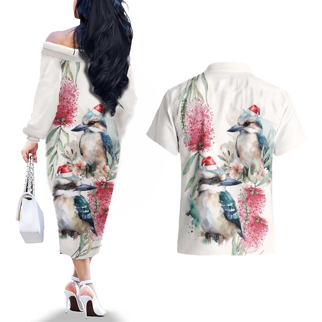 Australia Christmas Couples Matching Off The Shoulder Long Sleeve Dress and Hawaiian Shirt Jolly Kookaburra Bottlebrush Watercolor - Aussie Hoodie