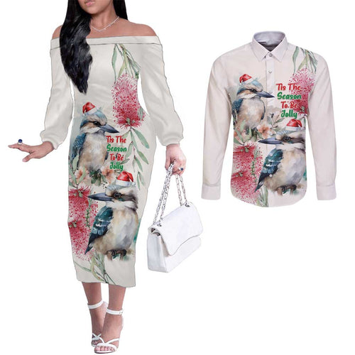 Australia Christmas Couples Matching Off The Shoulder Long Sleeve Dress and Long Sleeve Button Shirt Jolly Kookaburra Bottlebrush Watercolor - Aussie Hoodie