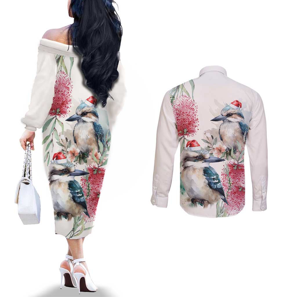 Australia Christmas Couples Matching Off The Shoulder Long Sleeve Dress and Long Sleeve Button Shirt Jolly Kookaburra Bottlebrush Watercolor - Aussie Hoodie