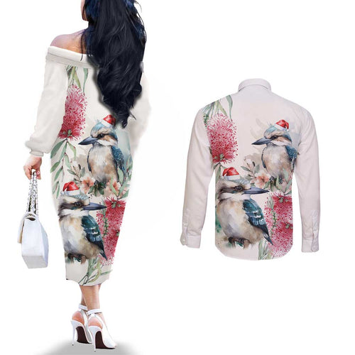 Australia Christmas Couples Matching Off The Shoulder Long Sleeve Dress and Long Sleeve Button Shirt Jolly Kookaburra Bottlebrush Watercolor - Aussie Hoodie