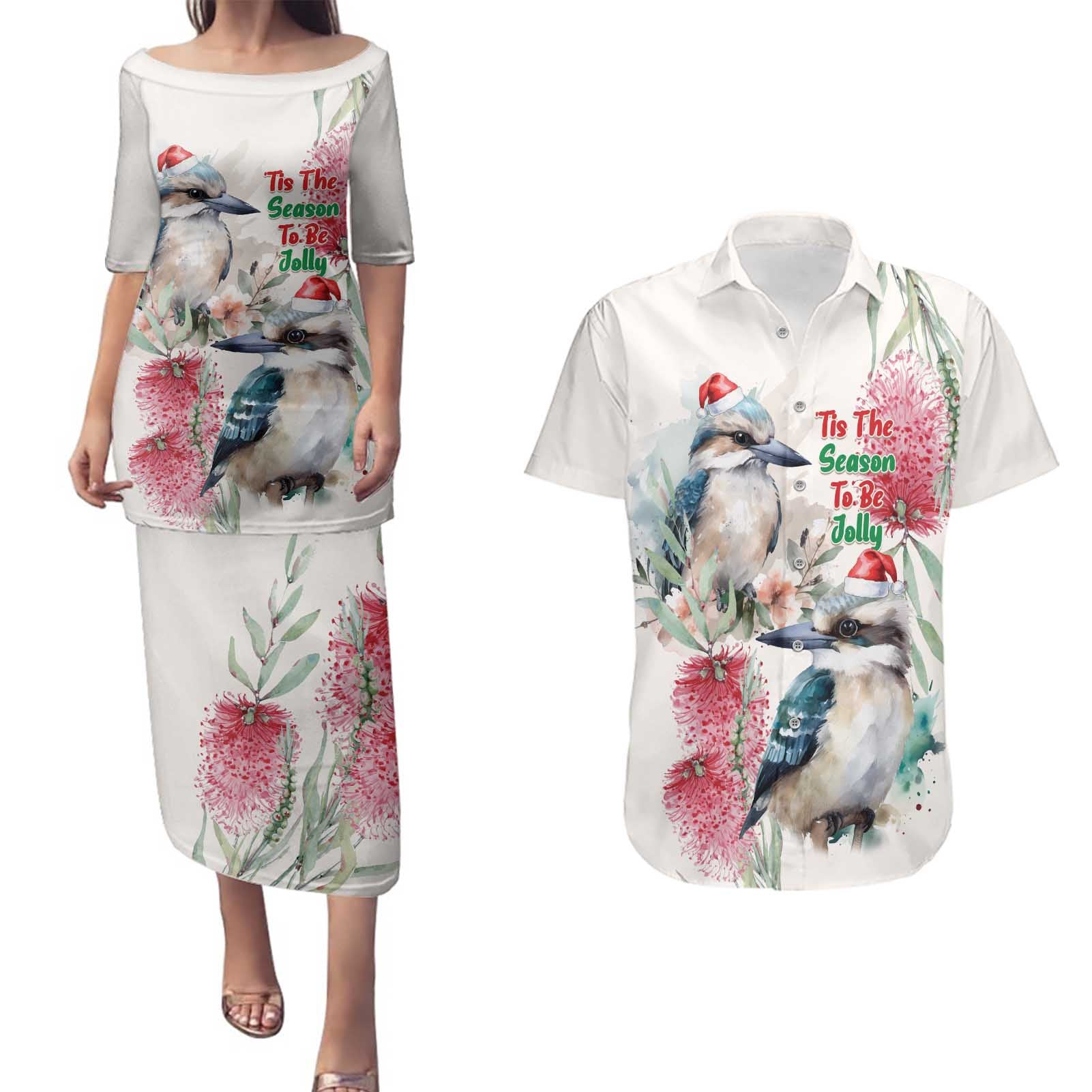 Australia Christmas Couples Matching Puletasi and Hawaiian Shirt Jolly Kookaburra Bottlebrush Watercolor - Aussie Hoodie