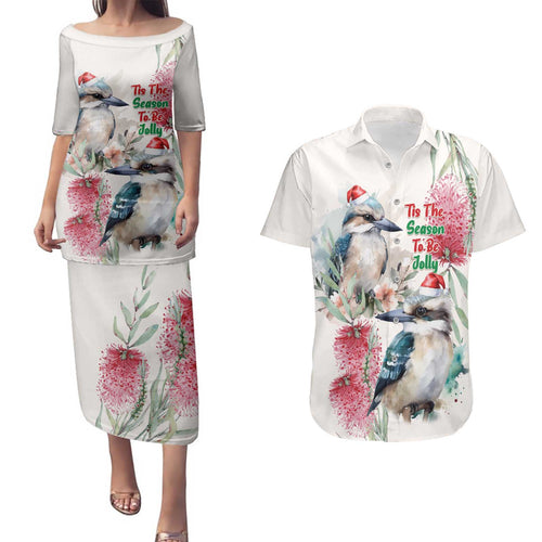 Australia Christmas Couples Matching Puletasi and Hawaiian Shirt Jolly Kookaburra Bottlebrush Watercolor - Aussie Hoodie