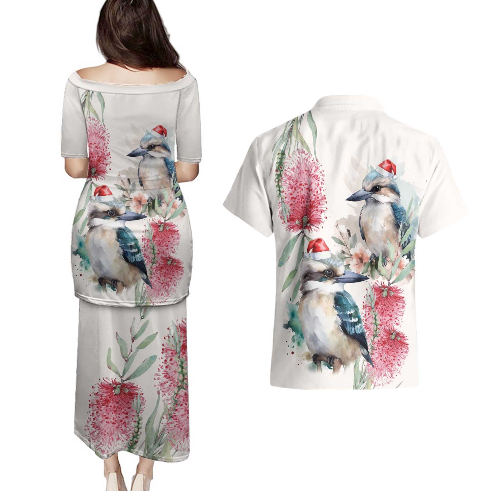 Australia Christmas Couples Matching Puletasi and Hawaiian Shirt Jolly Kookaburra Bottlebrush Watercolor - Aussie Hoodie