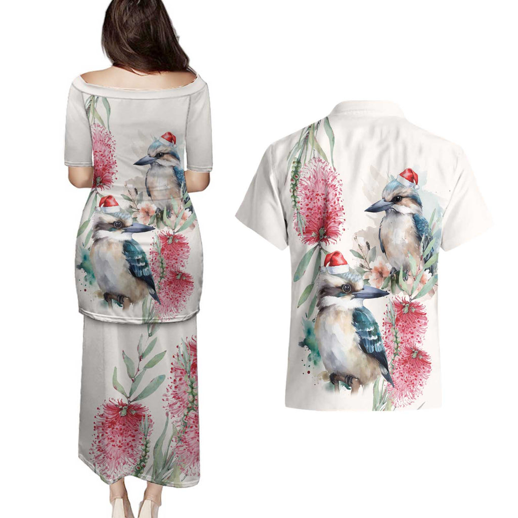 Australia Christmas Couples Matching Puletasi and Hawaiian Shirt Jolly Kookaburra Bottlebrush Watercolor - Aussie Hoodie