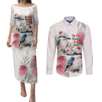 Australia Christmas Couples Matching Puletasi and Long Sleeve Button Shirt Jolly Kookaburra Bottlebrush Watercolor - Aussie Hoodie