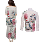 Australia Christmas Couples Matching Puletasi and Long Sleeve Button Shirt Jolly Kookaburra Bottlebrush Watercolor - Aussie Hoodie