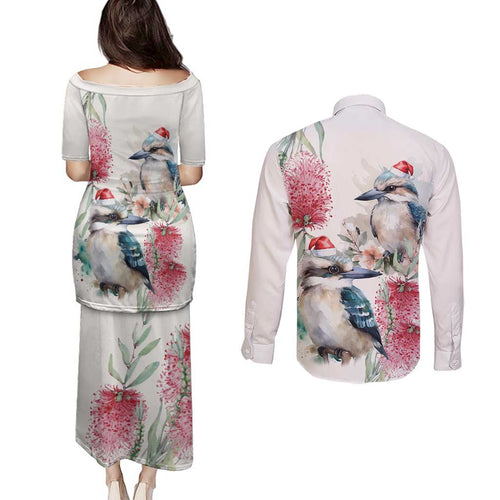 Australia Christmas Couples Matching Puletasi and Long Sleeve Button Shirt Jolly Kookaburra Bottlebrush Watercolor - Aussie Hoodie