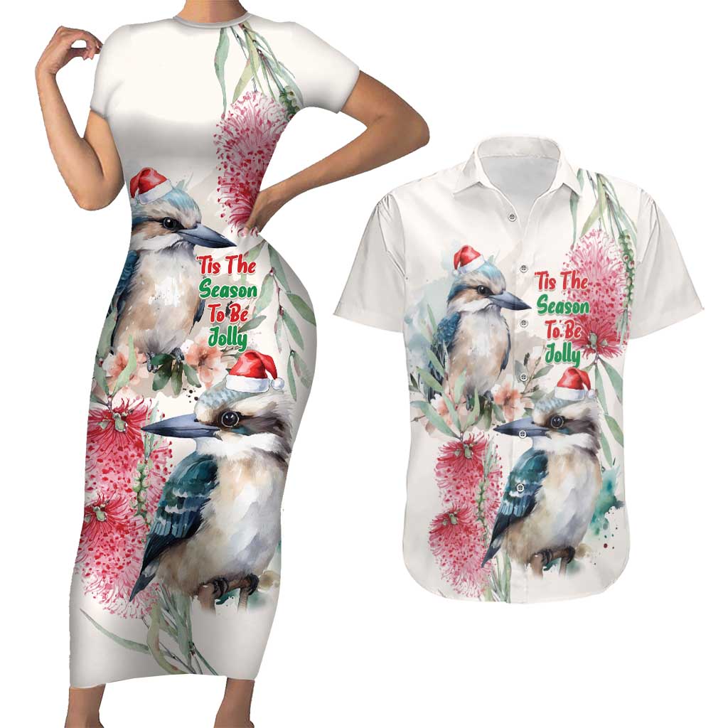 Australia Christmas Couples Matching Short Sleeve Bodycon Dress and Hawaiian Shirt Jolly Kookaburra Bottlebrush Watercolor - Aussie Hoodie