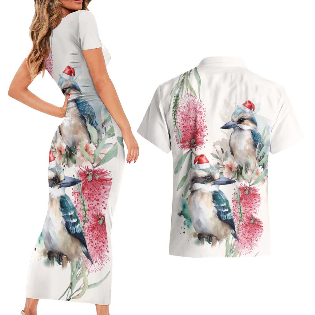 Australia Christmas Couples Matching Short Sleeve Bodycon Dress and Hawaiian Shirt Jolly Kookaburra Bottlebrush Watercolor - Aussie Hoodie