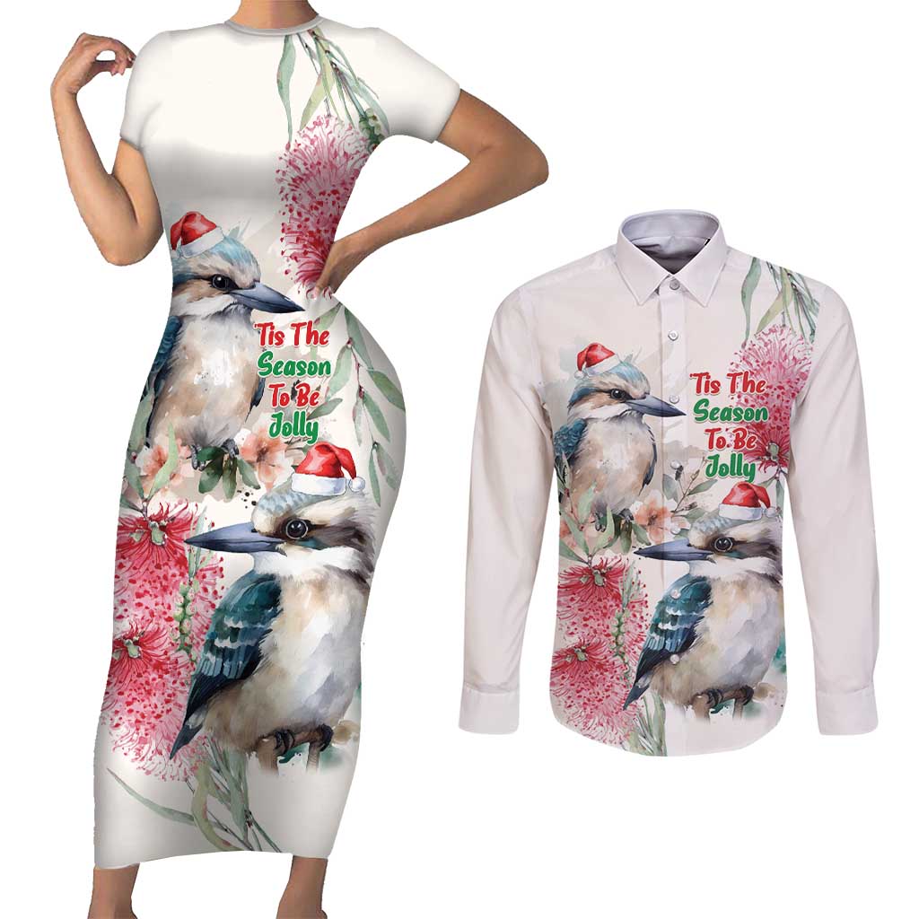 Australia Christmas Couples Matching Short Sleeve Bodycon Dress and Long Sleeve Button Shirt Jolly Kookaburra Bottlebrush Watercolor - Aussie Hoodie
