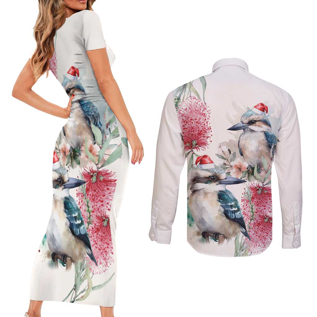 Australia Christmas Couples Matching Short Sleeve Bodycon Dress and Long Sleeve Button Shirt Jolly Kookaburra Bottlebrush Watercolor - Aussie Hoodie