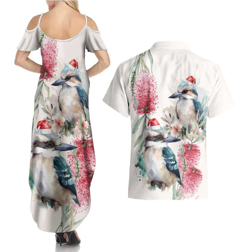 Australia Christmas Couples Matching Summer Maxi Dress and Hawaiian Shirt Jolly Kookaburra Bottlebrush Watercolor - Aussie Hoodie