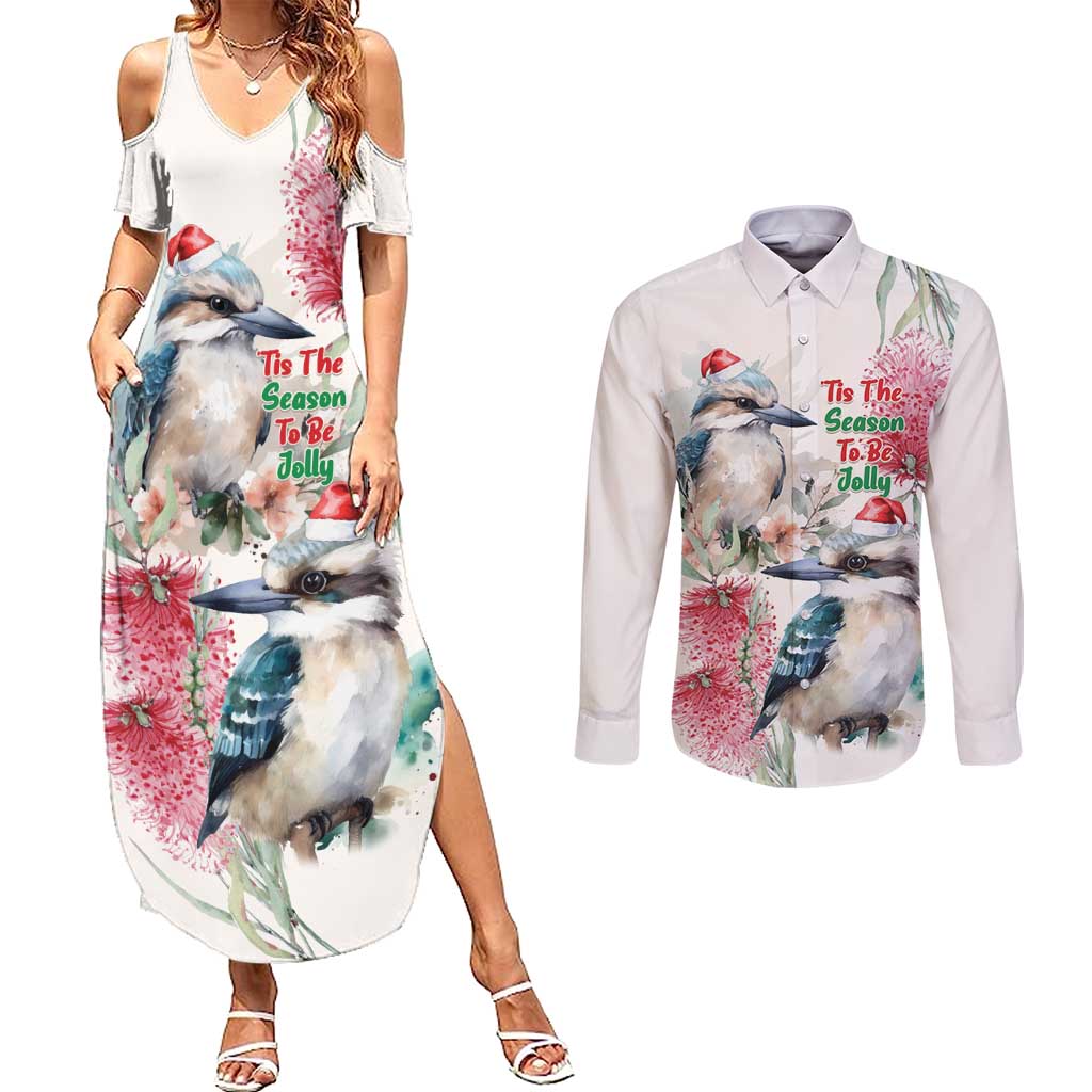 Australia Christmas Couples Matching Summer Maxi Dress and Long Sleeve Button Shirt Jolly Kookaburra Bottlebrush Watercolor - Aussie Hoodie