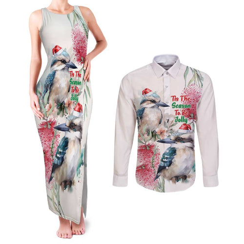 Australia Christmas Couples Matching Tank Maxi Dress and Long Sleeve Button Shirt Jolly Kookaburra Bottlebrush Watercolor - Aussie Hoodie