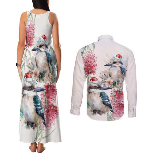 Australia Christmas Couples Matching Tank Maxi Dress and Long Sleeve Button Shirt Jolly Kookaburra Bottlebrush Watercolor - Aussie Hoodie