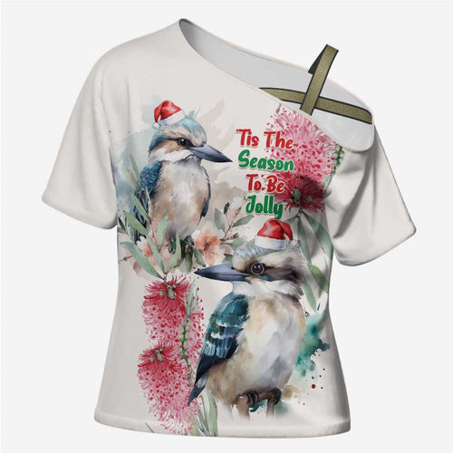 Australia Christmas Cross Shoulder Shirt Jolly Kookaburra Bottlebrush Watercolor - Aussie Hoodie