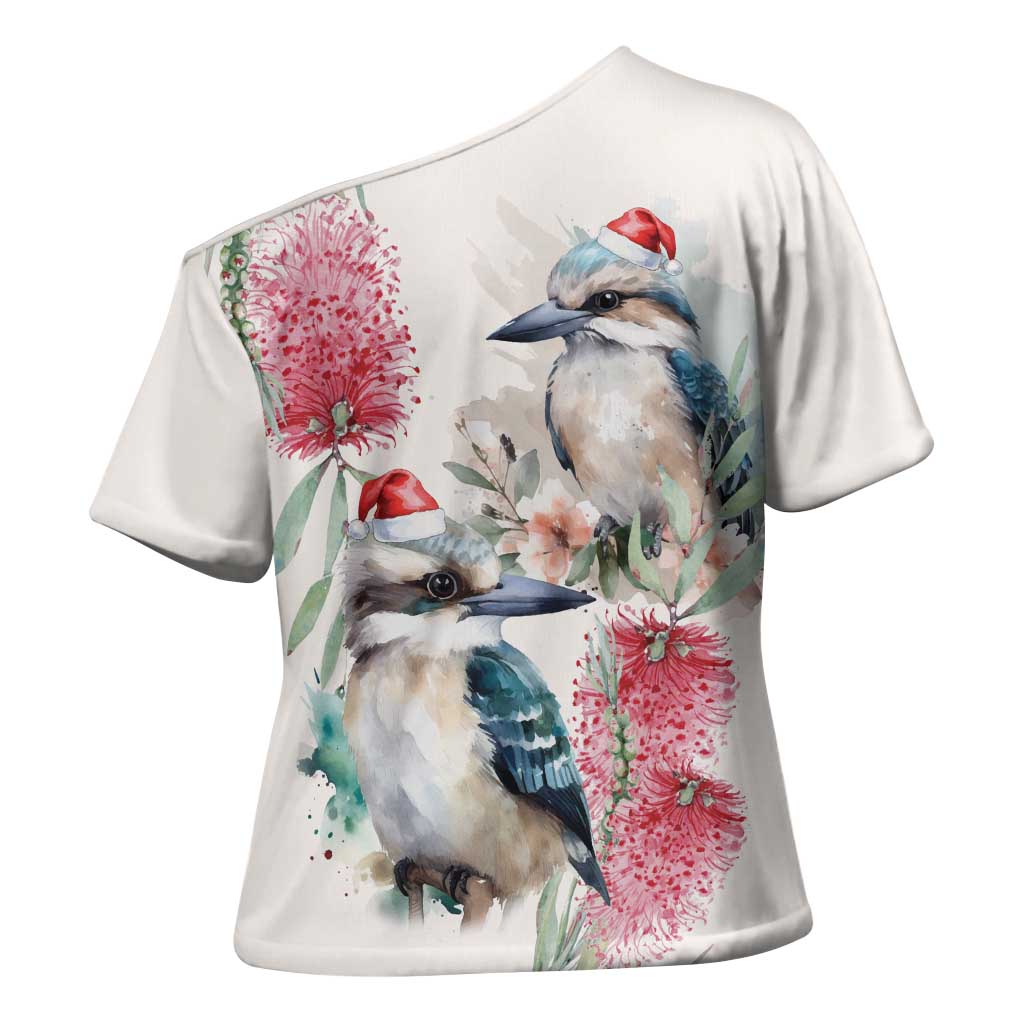 Australia Christmas Cross Shoulder Shirt Jolly Kookaburra Bottlebrush Watercolor - Aussie Hoodie