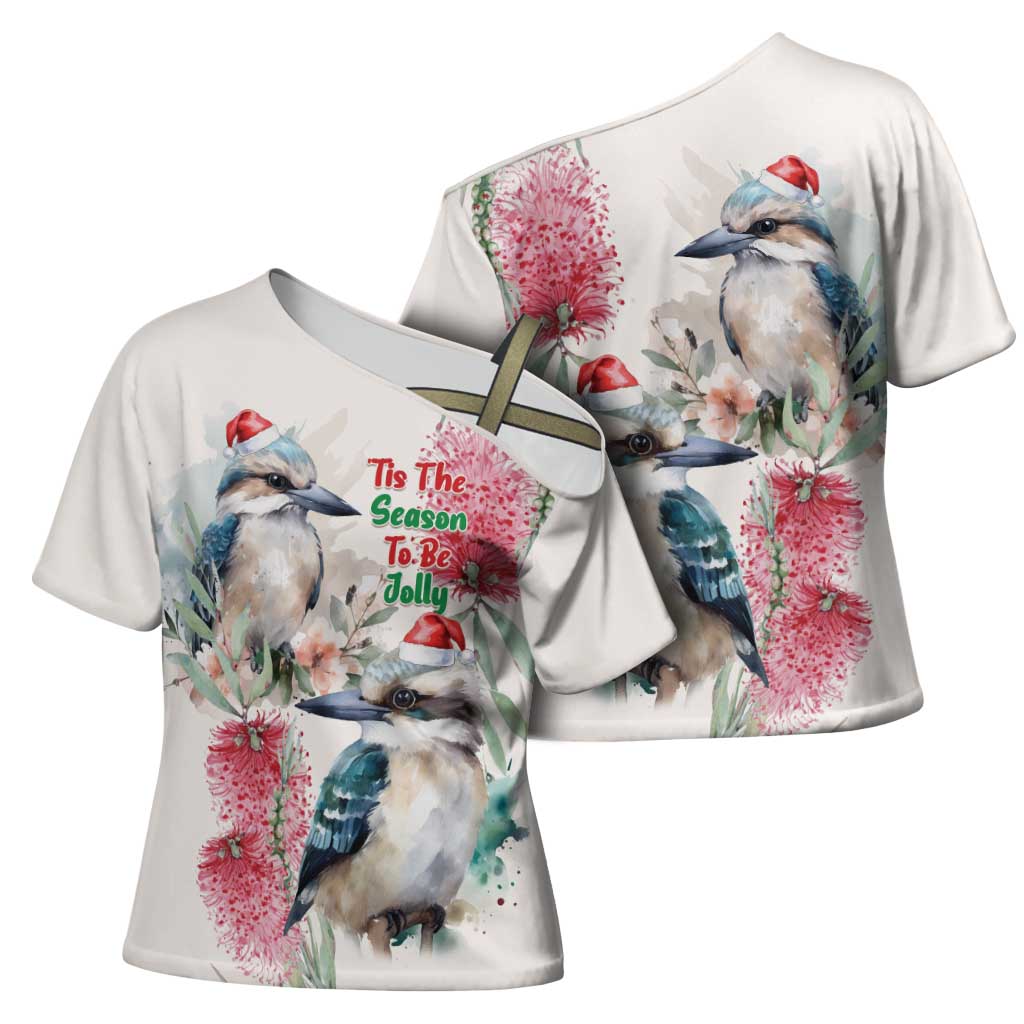 Australia Christmas Cross Shoulder Shirt Jolly Kookaburra Bottlebrush Watercolor - Aussie Hoodie