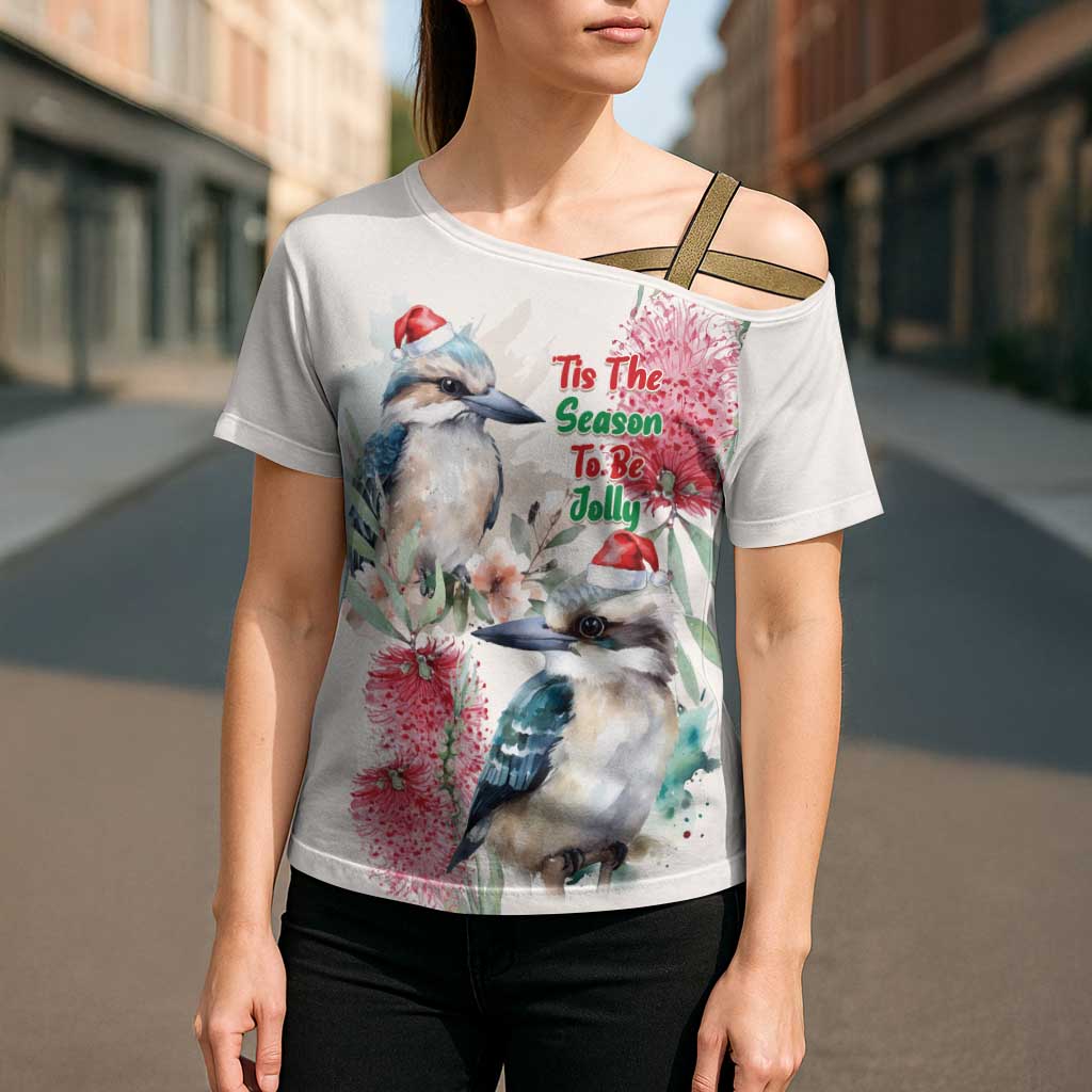 Australia Christmas Cross Shoulder Shirt Jolly Kookaburra Bottlebrush Watercolor - Aussie Hoodie