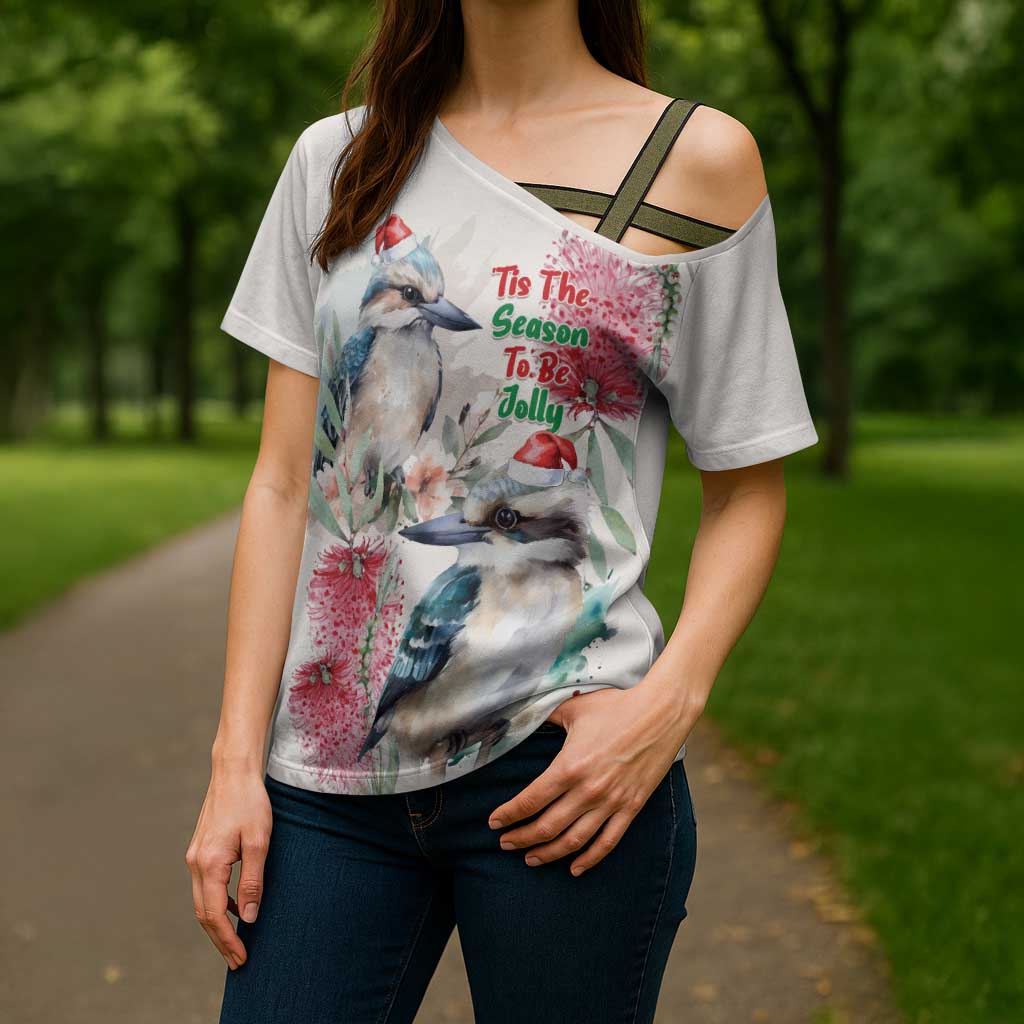 Australia Christmas Cross Shoulder Shirt Jolly Kookaburra Bottlebrush Watercolor - Aussie Hoodie