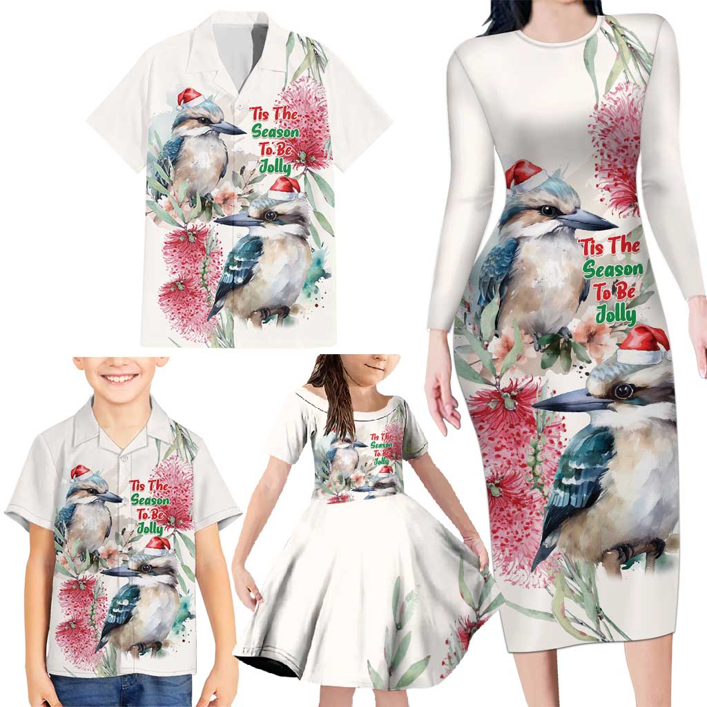 Australia Christmas Family Matching Long Sleeve Bodycon Dress and Hawaiian Shirt Jolly Kookaburra Bottlebrush Watercolor - Aussie Hoodie