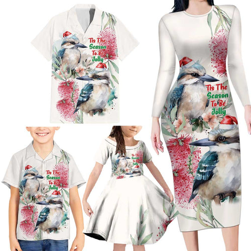 Australia Christmas Family Matching Long Sleeve Bodycon Dress and Hawaiian Shirt Jolly Kookaburra Bottlebrush Watercolor - Aussie Hoodie