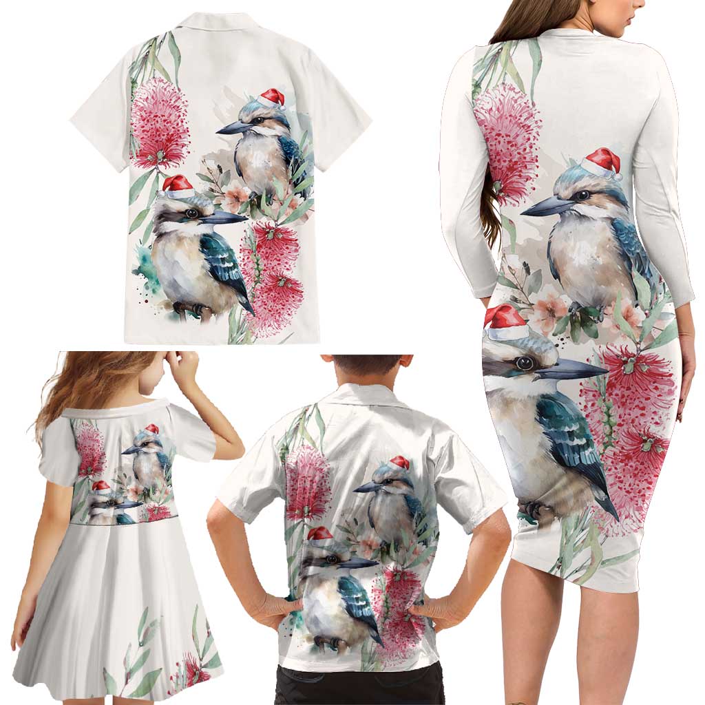 Australia Christmas Family Matching Long Sleeve Bodycon Dress and Hawaiian Shirt Jolly Kookaburra Bottlebrush Watercolor - Aussie Hoodie
