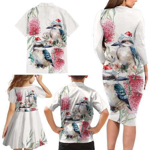 Australia Christmas Family Matching Long Sleeve Bodycon Dress and Hawaiian Shirt Jolly Kookaburra Bottlebrush Watercolor - Aussie Hoodie