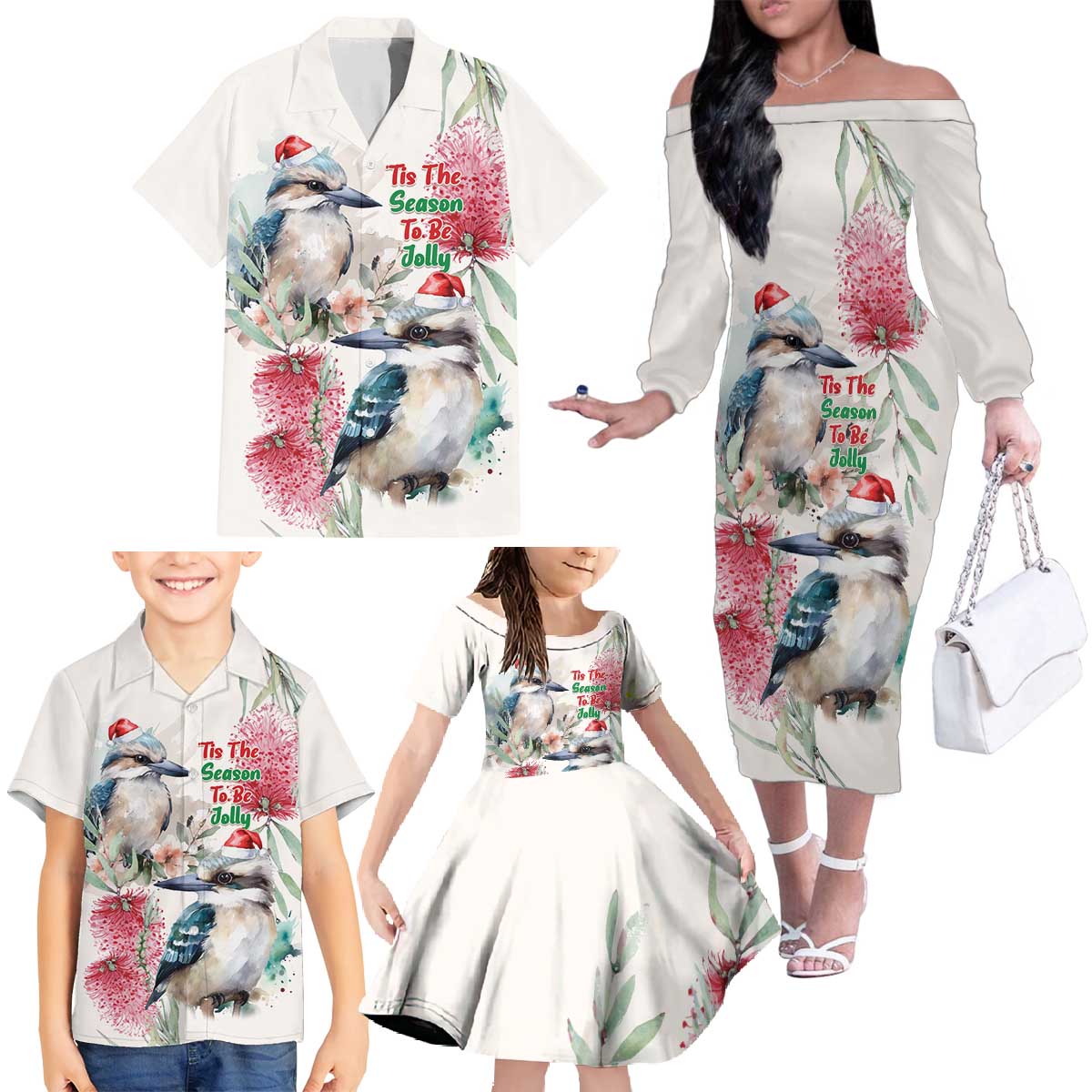 Australia Christmas Family Matching Off The Shoulder Long Sleeve Dress and Hawaiian Shirt Jolly Kookaburra Bottlebrush Watercolor - Aussie Hoodie