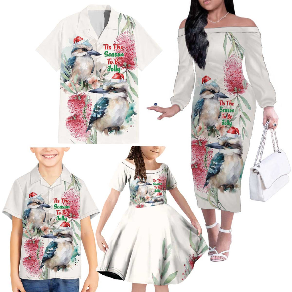 Australia Christmas Family Matching Off The Shoulder Long Sleeve Dress and Hawaiian Shirt Jolly Kookaburra Bottlebrush Watercolor - Aussie Hoodie