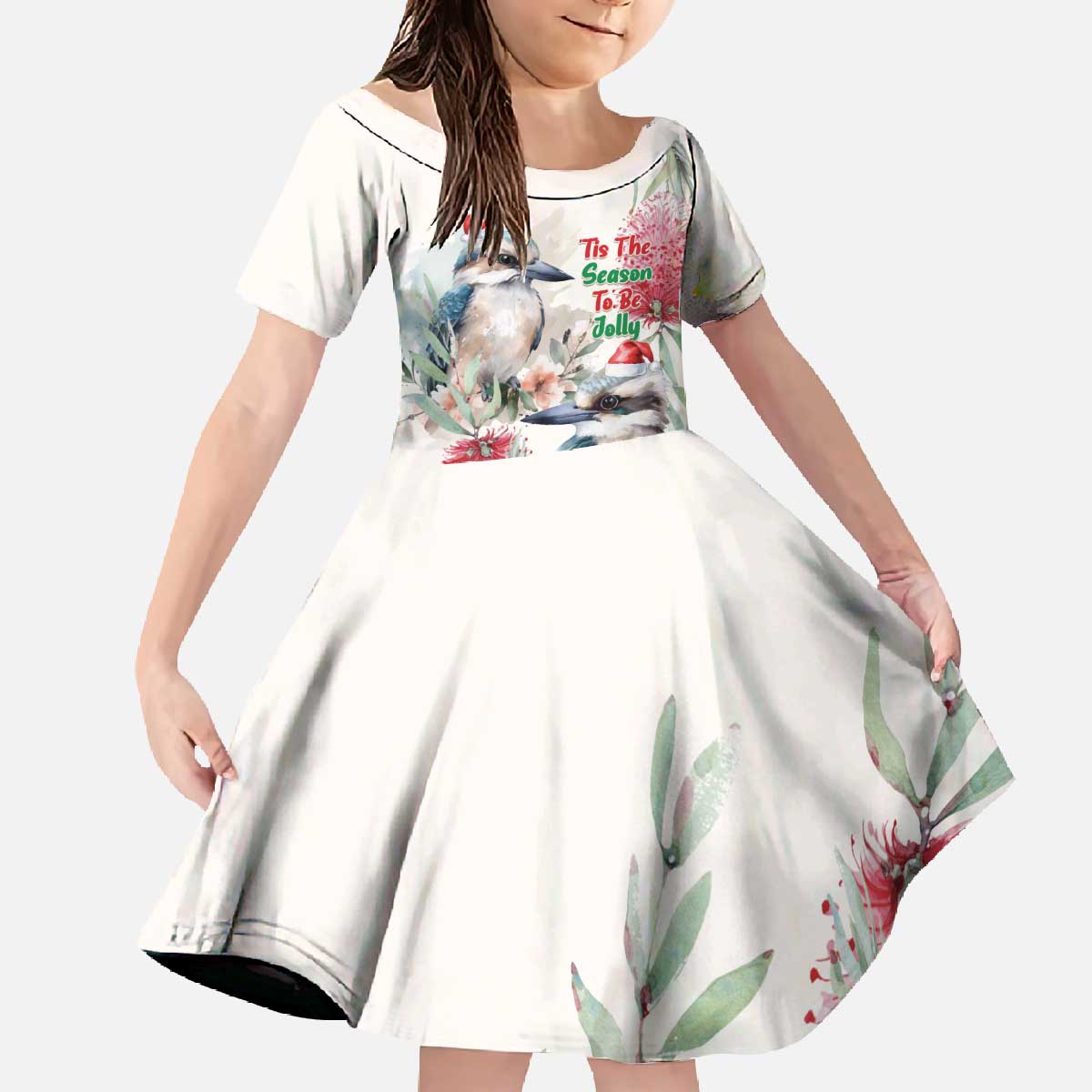 Australia Christmas Family Matching Off The Shoulder Long Sleeve Dress and Hawaiian Shirt Jolly Kookaburra Bottlebrush Watercolor - Aussie Hoodie
