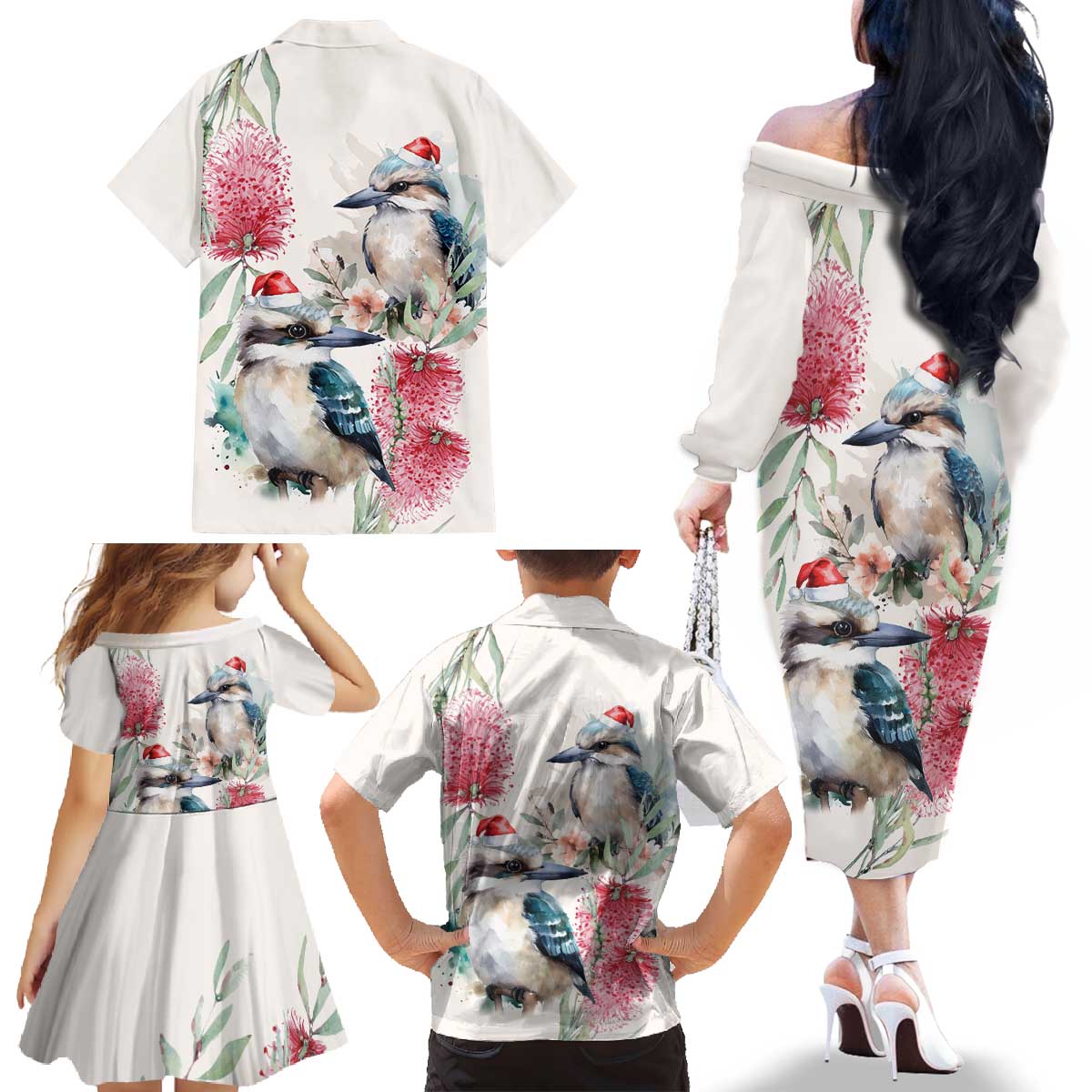 Australia Christmas Family Matching Off The Shoulder Long Sleeve Dress and Hawaiian Shirt Jolly Kookaburra Bottlebrush Watercolor - Aussie Hoodie