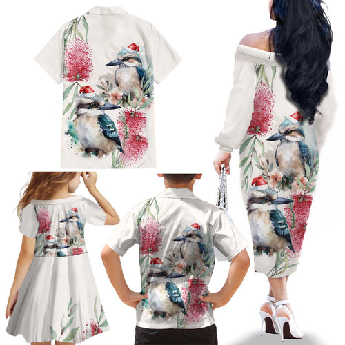 Australia Christmas Family Matching Off The Shoulder Long Sleeve Dress and Hawaiian Shirt Jolly Kookaburra Bottlebrush Watercolor - Aussie Hoodie
