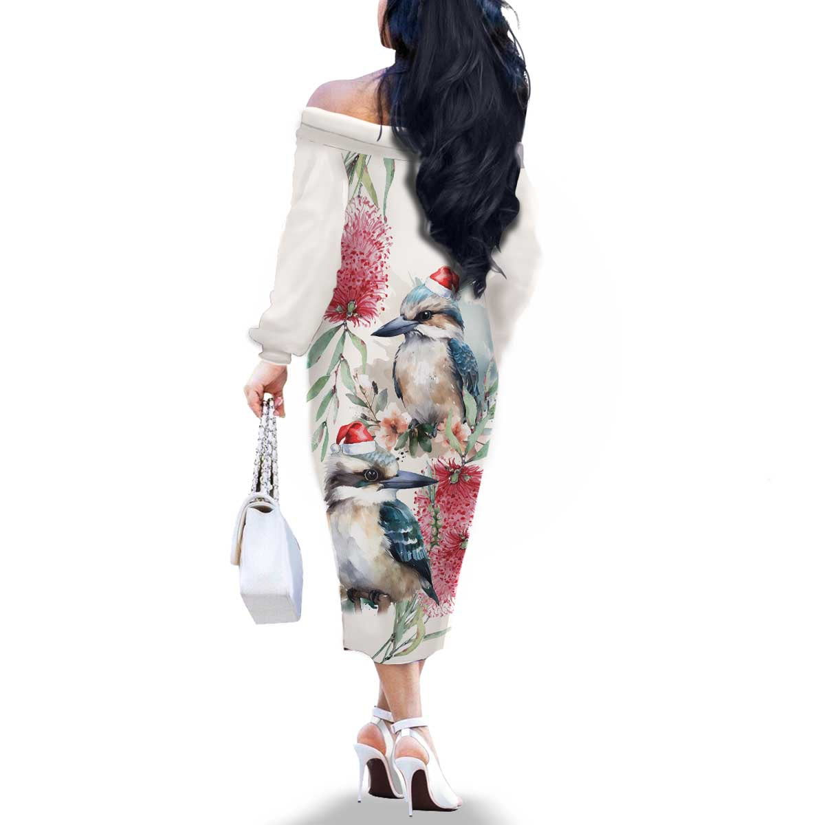 Australia Christmas Family Matching Off The Shoulder Long Sleeve Dress and Hawaiian Shirt Jolly Kookaburra Bottlebrush Watercolor - Aussie Hoodie