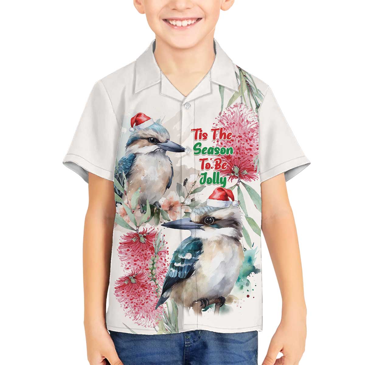 Australia Christmas Family Matching Off The Shoulder Long Sleeve Dress and Hawaiian Shirt Jolly Kookaburra Bottlebrush Watercolor - Aussie Hoodie