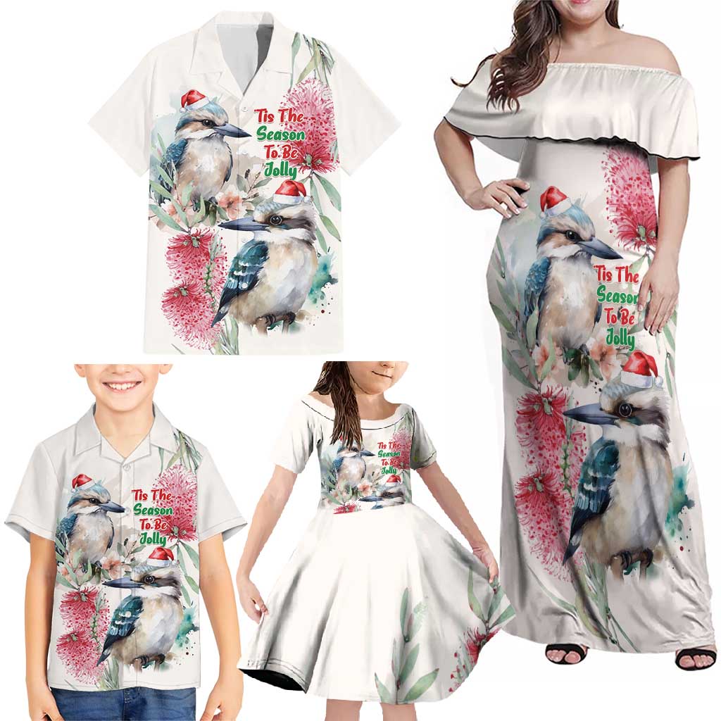 Australia Christmas Family Matching Off Shoulder Maxi Dress and Hawaiian Shirt Jolly Kookaburra Bottlebrush Watercolor - Aussie Hoodie